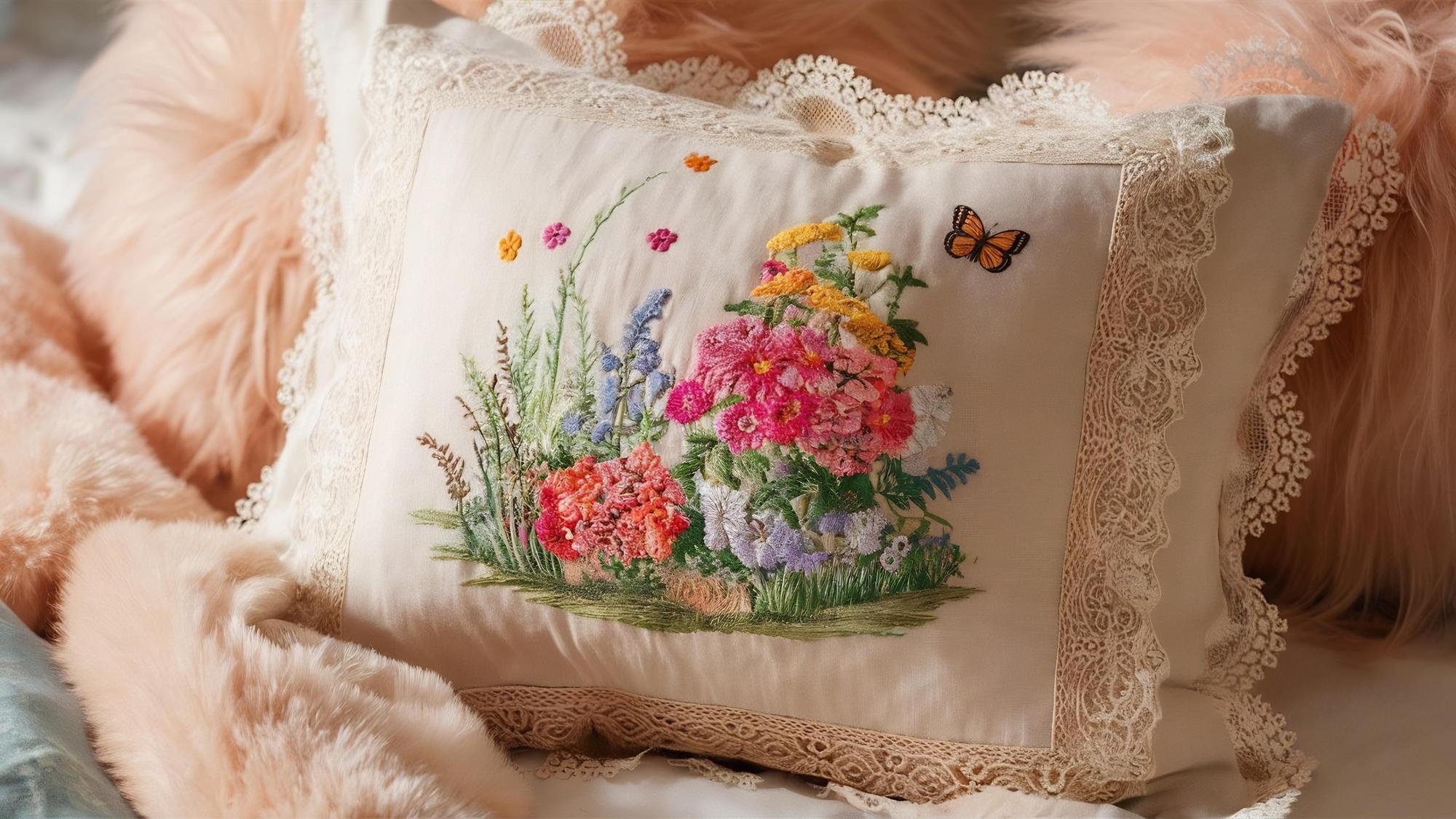 Finished linen cushion with floral embroidery